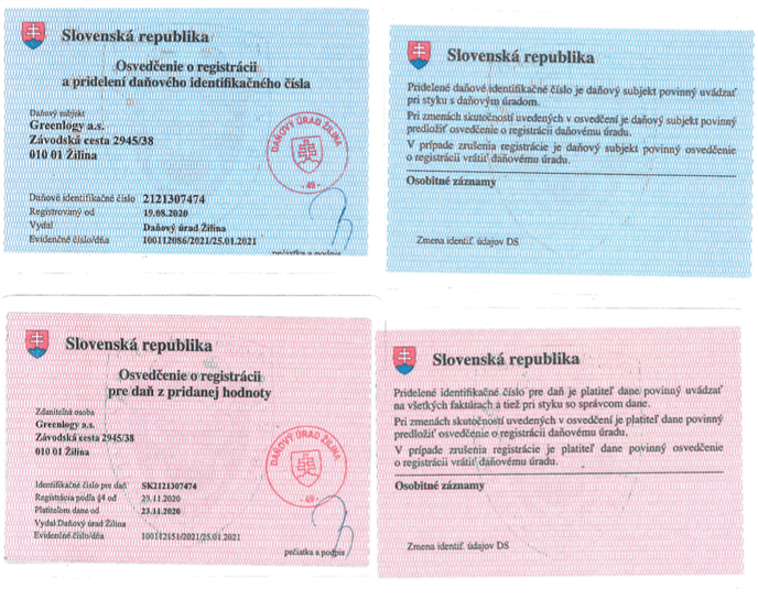 Osvedčenie o registrácii DIČ, IČ DPH_Greenlogy